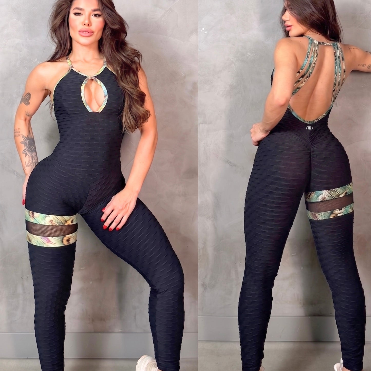 SCRUNCH BOOTY BLACK WAVE AND YELLOW PRINT DETAIL JUMPSUIT, NO RETURN