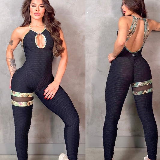 SCRUNCH BOOTY BLACK WAVE AND YELLOW PRINT DETAIL JUMPSUIT, NO RETURN