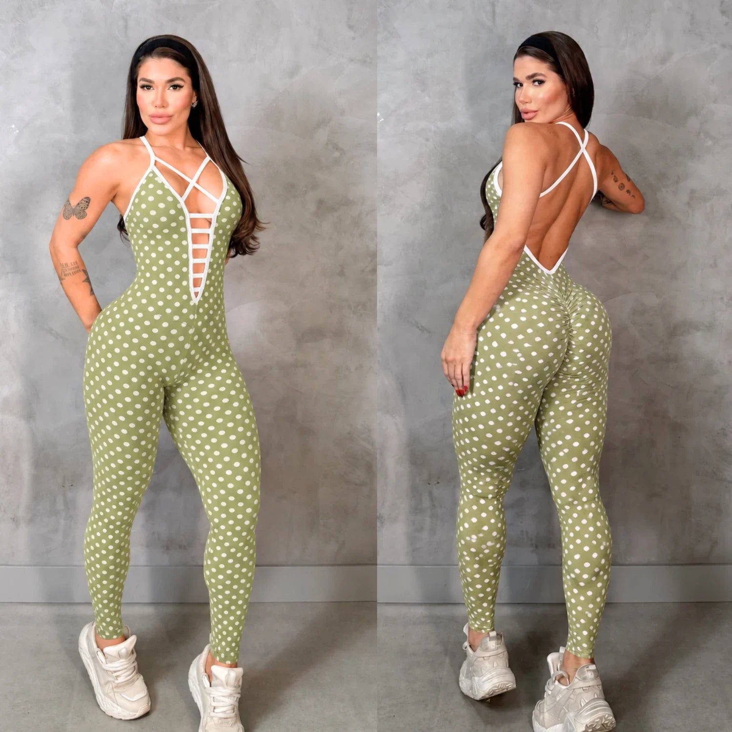 SCRUNCH BOOTY GREEN POLK DOTS JULIE JUMPSUIT – Iris Fitness Online