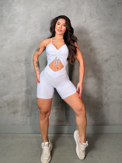 SCRUNCH BOOTY WHITE WAVE AND FRONT DETAIL SHORT JUMPSUIT