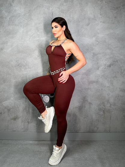 SCRUNCH BOOTY BURGUNDY AND LEOPARD DETAIL JUMPSUIT