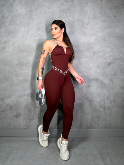 SCRUNCH BOOTY BURGUNDY AND LEOPARD DETAIL JUMPSUIT
