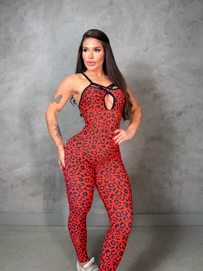 SCRUNCH BOOTY RED LEOPARD FRONT DETAIL JUMPSUIT, NO RETURN