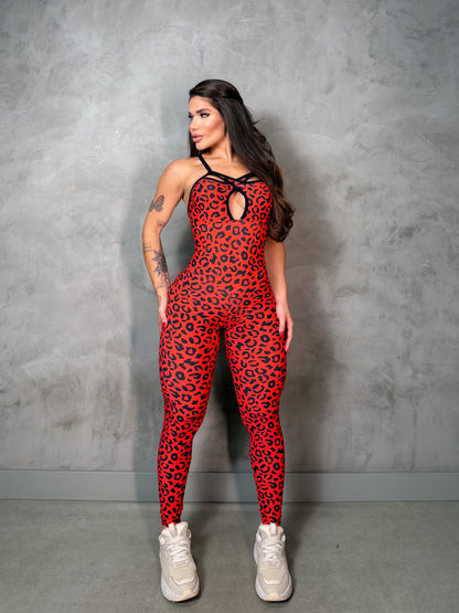 SCRUNCH BOOTY RED LEOPARD FRONT DETAIL JUMPSUIT, NO RETURN