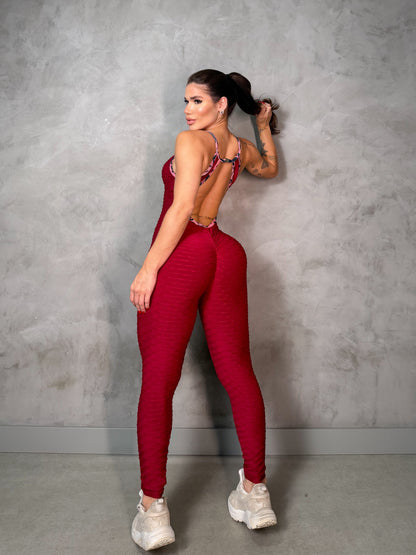 SCRUNCH BOOTY RED LEOPARD FRONT DETAIL JUMPSUIT, NO RETURN