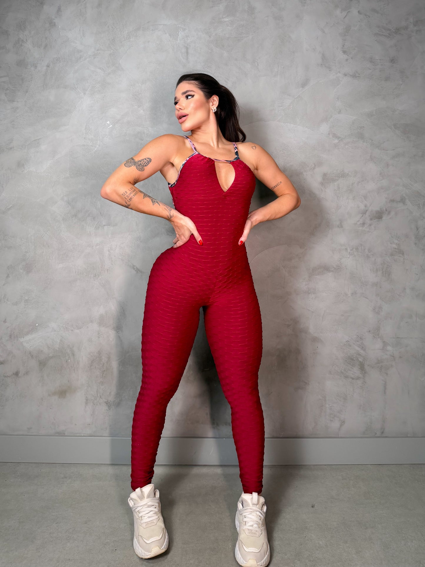 SCRUNCH BOOTY BURGUNDY WAVE AND PINK LEOPARD DETAIL JUMPSUIT, NO RETURN