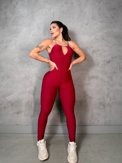 SCRUNCH BOOTY BURGUNDY WAVE AND PINK LEOPARD DETAIL JUMPSUIT, NO RETURN