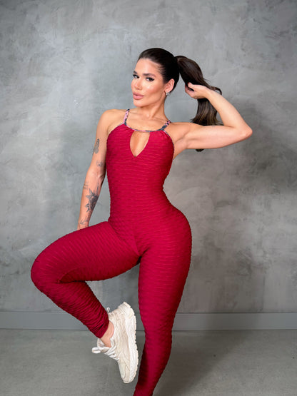 SCRUNCH BOOTY BURGUNDY WAVE AND PINK LEOPARD DETAIL JUMPSUIT, NO RETURN