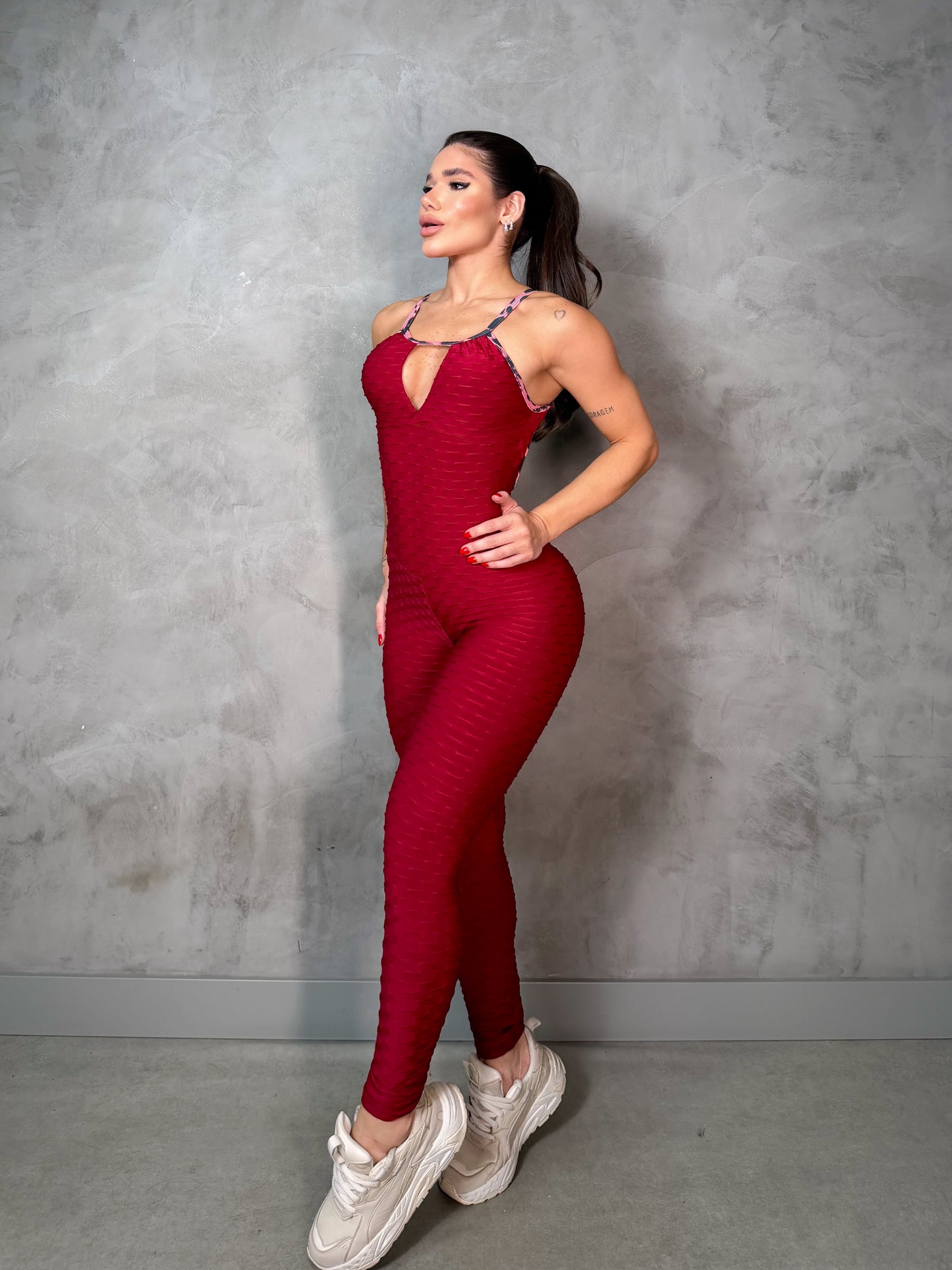 SCRUNCH BOOTY BURGUNDY WAVE AND PINK LEOPARD DETAIL JUMPSUIT, NO RETURN