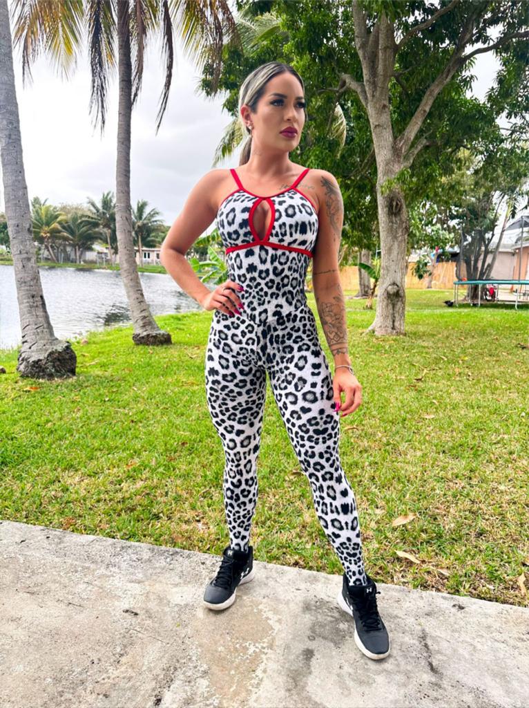 SCRUNCH BOOTY BLACK AND WHITE RED DETAIL LEOPARD JUMPSUIT