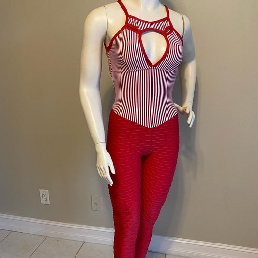 SCRUNCH BOOTY RED WAVE AND STRIPPED DETAIL JUMPSUIT - NO RETURN