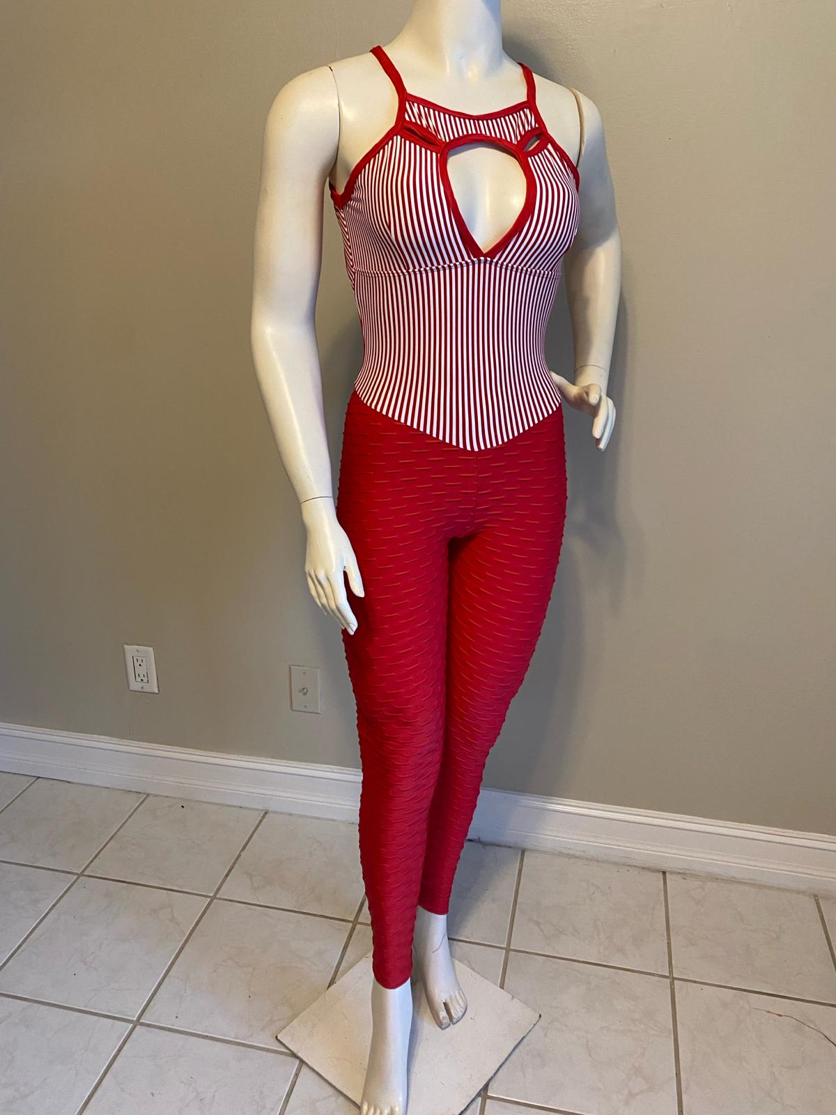 SCRUNCH BOOTY RED WAVE AND STRIPPED DETAIL JUMPSUIT - NO RETURN