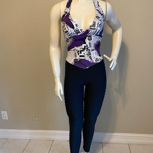 SCRUNCH BOOTY BLACK WAVE AND PURPLE BUTTERFLY JUMPSUIT - NO RETURN