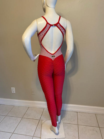 SCRUNCH BOOTY RED WAVE AND STRIPPED DETAIL JUMPSUIT - NO RETURN