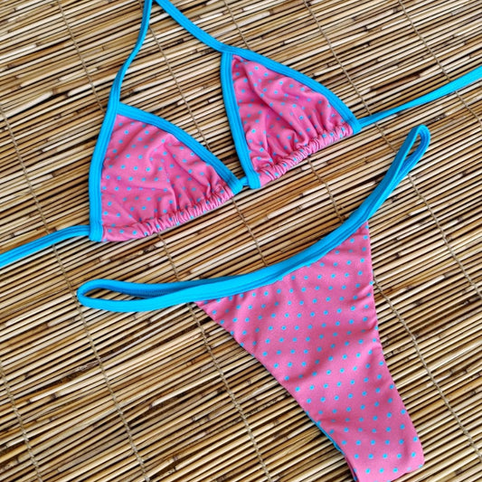 PINK POLK DOTS AND BLUE DETAIL THONG BIKINI - NO RETURN