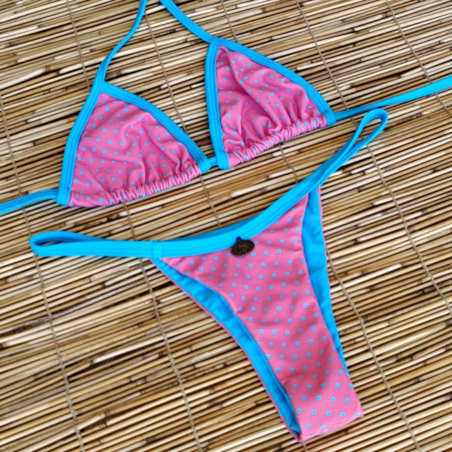 PINK POLK DOTS AND BLUE DETAIL THONG BIKINI - NO RETURN