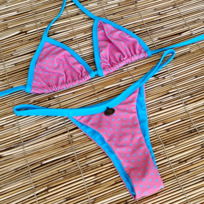 PINK POLK DOTS AND BLUE DETAIL THONG BIKINI - NO RETURN