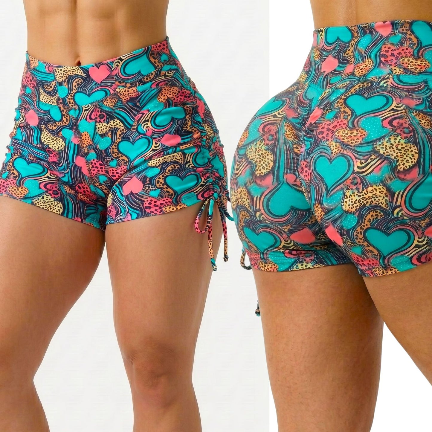 SCRUNCH BOOTY GREEN AND PINK HEARTS SHORTS