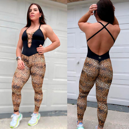 SCRUNCH BOOTY BROWN LEOPARD AND BLACK DETAIL JUMPSUIT NO RETURN