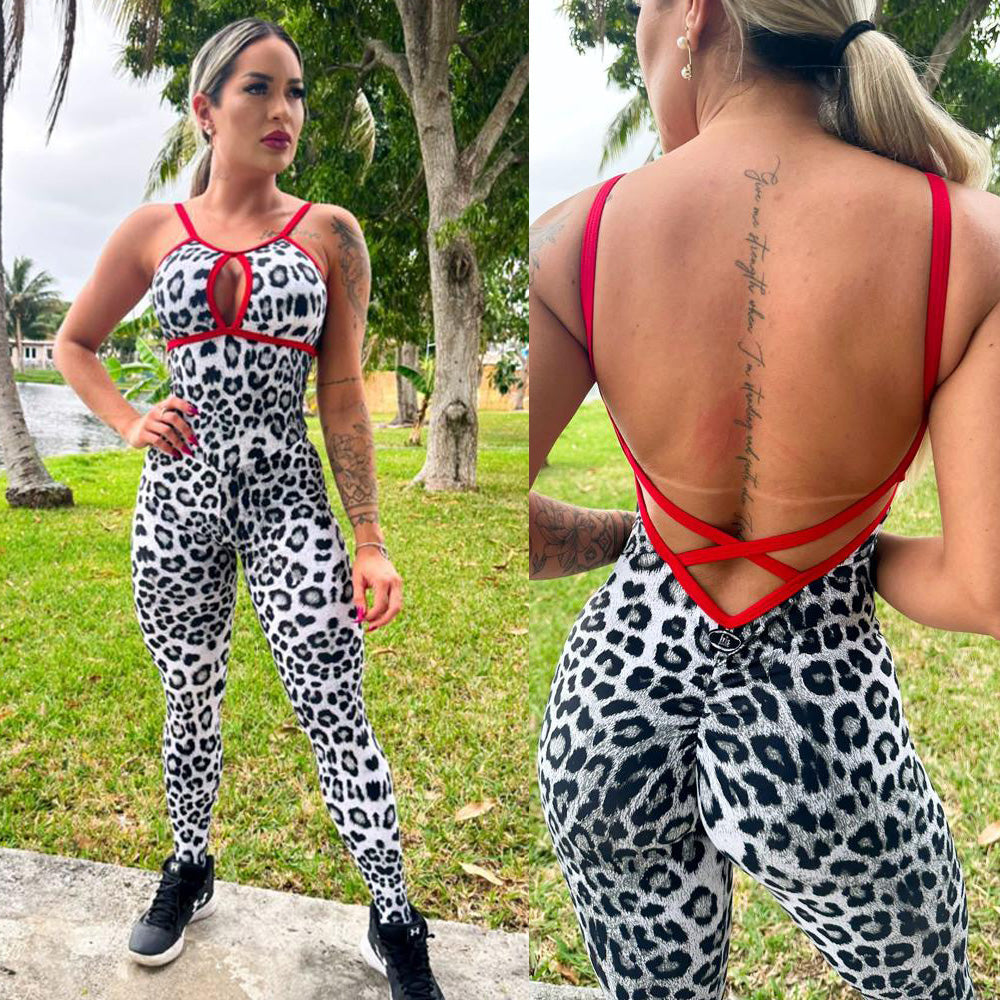 SCRUNCH BOOTY BLACK AND WHITE RED DETAIL LEOPARD JUMPSUIT