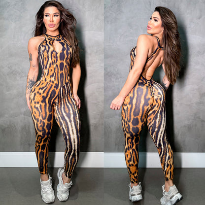 SCRUNCH BOOTY BROWN LEOPARD DROP DETAIL JUMPSUIT