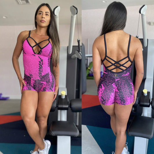 SCRUNCH BOOTY PINK AND BLACK FITNESS SHORTS JUMPSUIT
