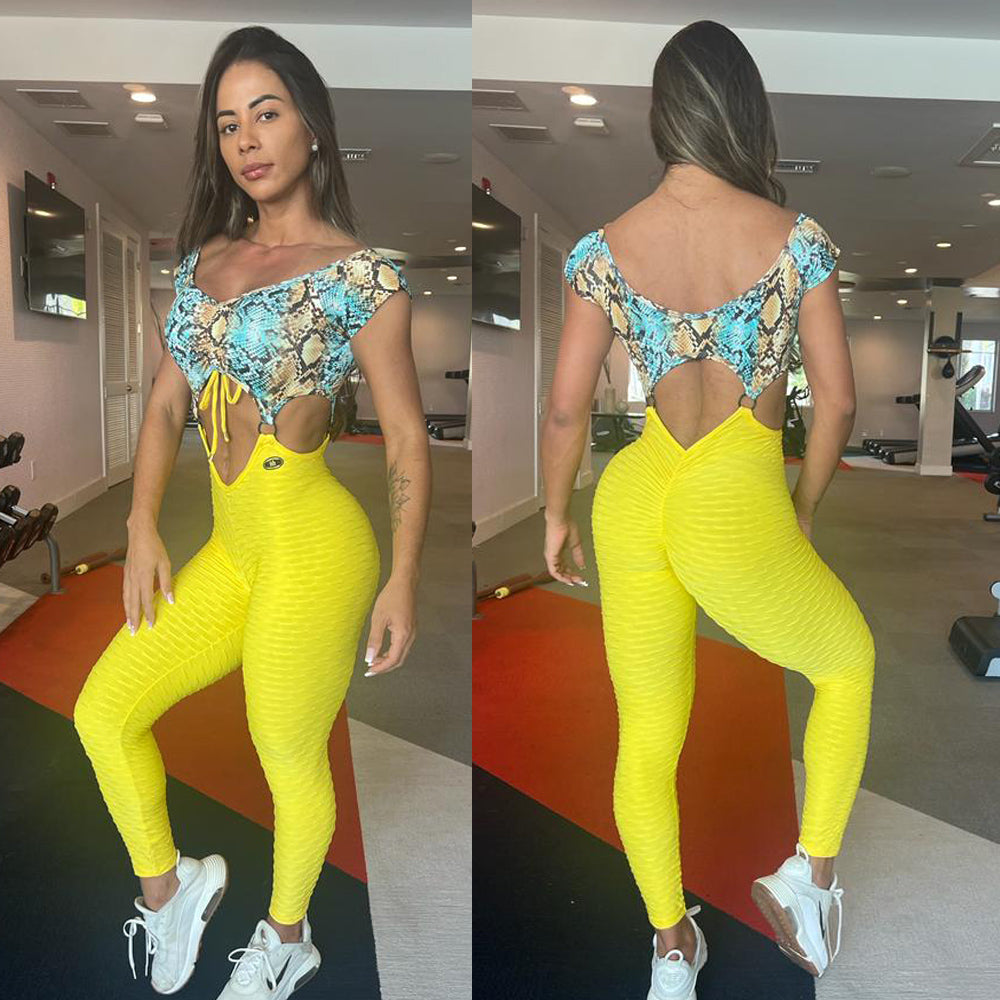 SCRUNCH BOOTY YELLOW WAVE AND SNAKE DETAIL RINGS JUMPSUIT