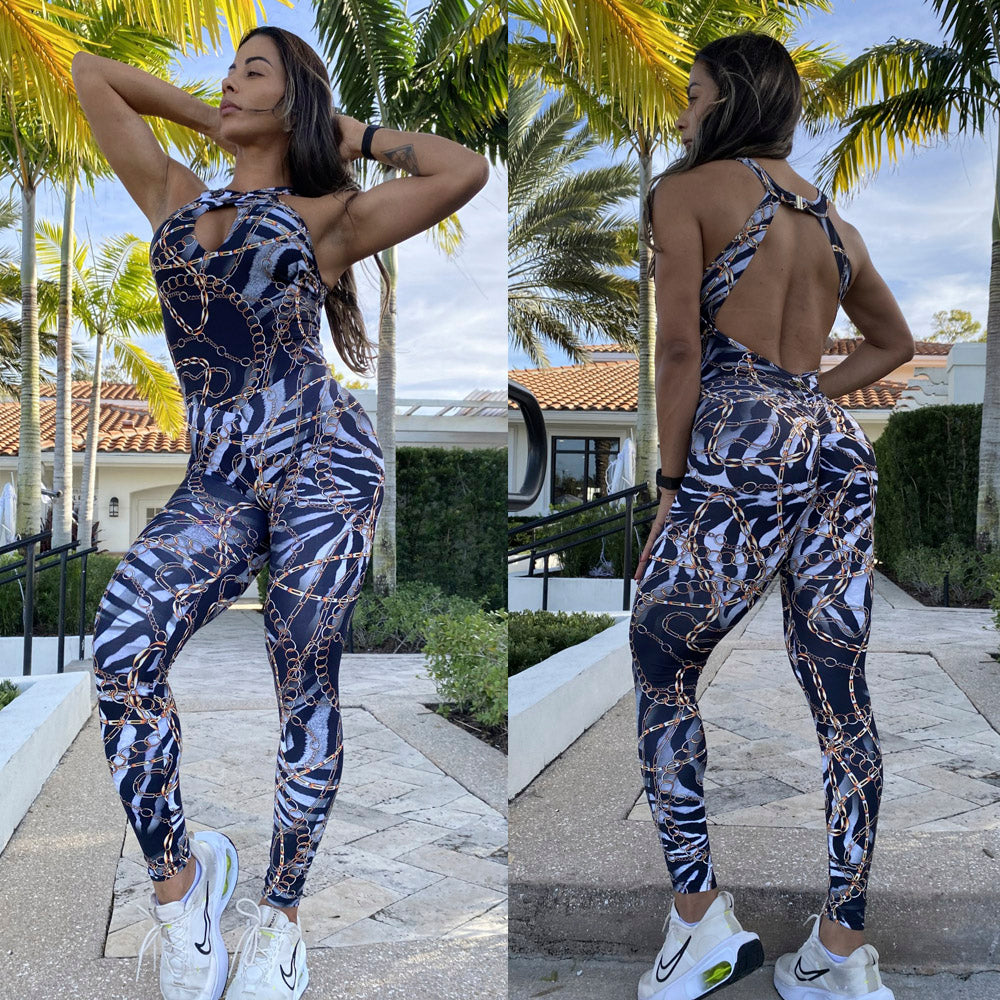SCRUNCH BOOTY ZEBRA AND GOLD CHAIN JUMPSUIT