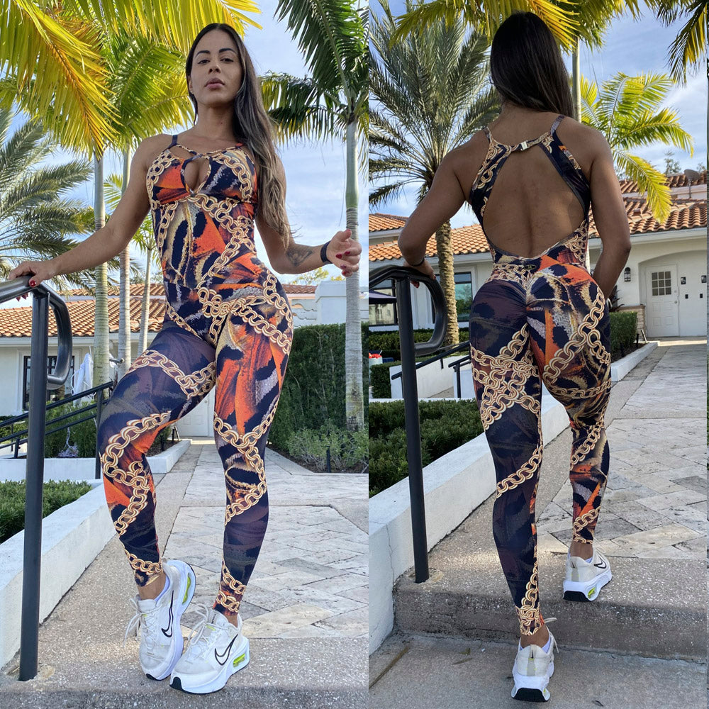 SCRUNCH BOOTY BLACK AND ORANGE AND GOLD CHAIN JUMPSUIT
