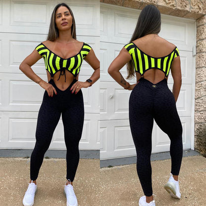 SCRUNCH BOOTY BLACK AND STRIPED NEON RINGS JUMPSUIT