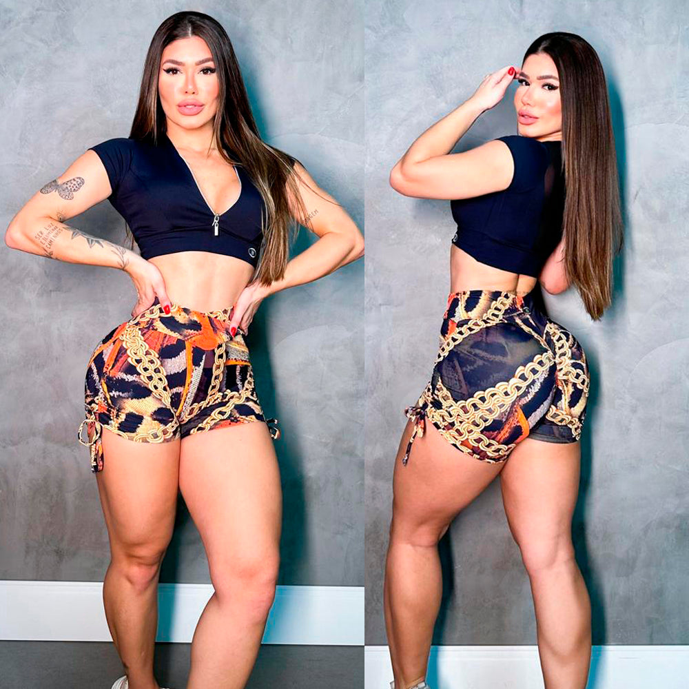SCRUNCH BOOTY GOLD CHAIN AND ORANGE LACE SHORTS