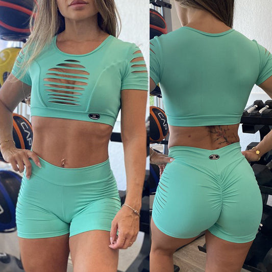 SCRUNCH BOOTYLIGHT GREEN RIPPED SHORTS AND TOP - NO RETURN