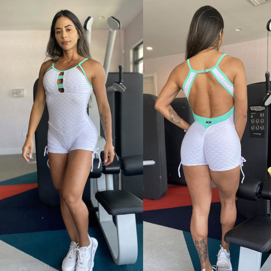 SCRUNCH BOOTY WHITE AND LIGHT GREEN DETAIL SHORTS JUMPSUIT