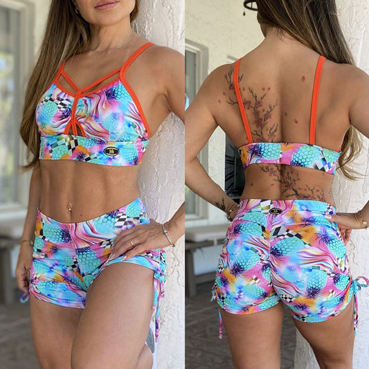 SCRUNCH BOOTY NEW PRINT AND ORANGE DETAIL SHORTS AND TOP - NO RETURN