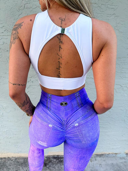 SCRUNCH BOOTY PURPLE JEANS LEGGINGS AND WHITE TOP SET