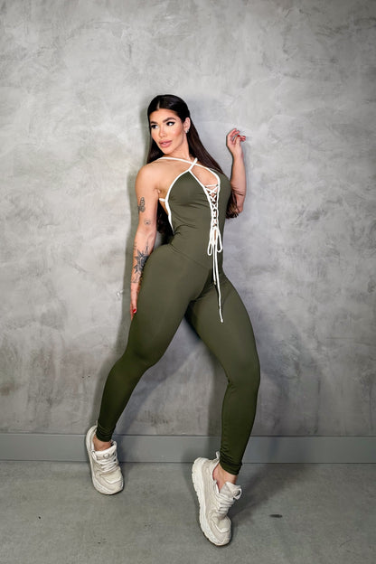 SCRUNCH BOOTY DARK GREEN AND BEIJE DETAIL JUMPSUIT