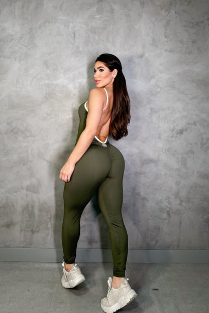 SCRUNCH BOOTY DARK GREEN AND BEIJE DETAIL JUMPSUIT