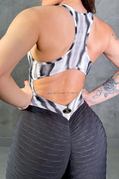 SCRUNCH BOOTY GRAY AND PRINT LACE DETAIL JUMPSUIT