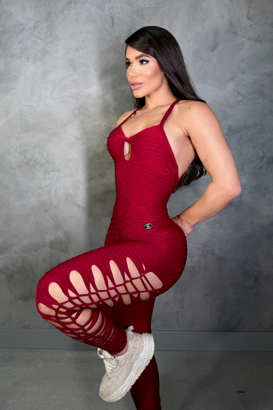 SCRUNCH BOOTY BURGUNDY WAVE RIPPED JUMPSUIT