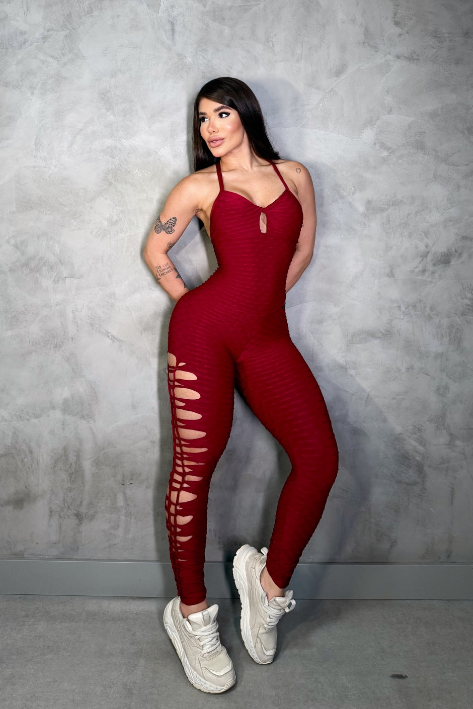 SCRUNCH BOOTY BURGUNDY WAVE RIPPED JUMPSUIT