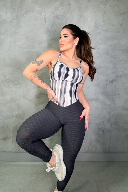 SCRUNCH BOOTY GRAY AND PRINT LACE DETAIL JUMPSUIT