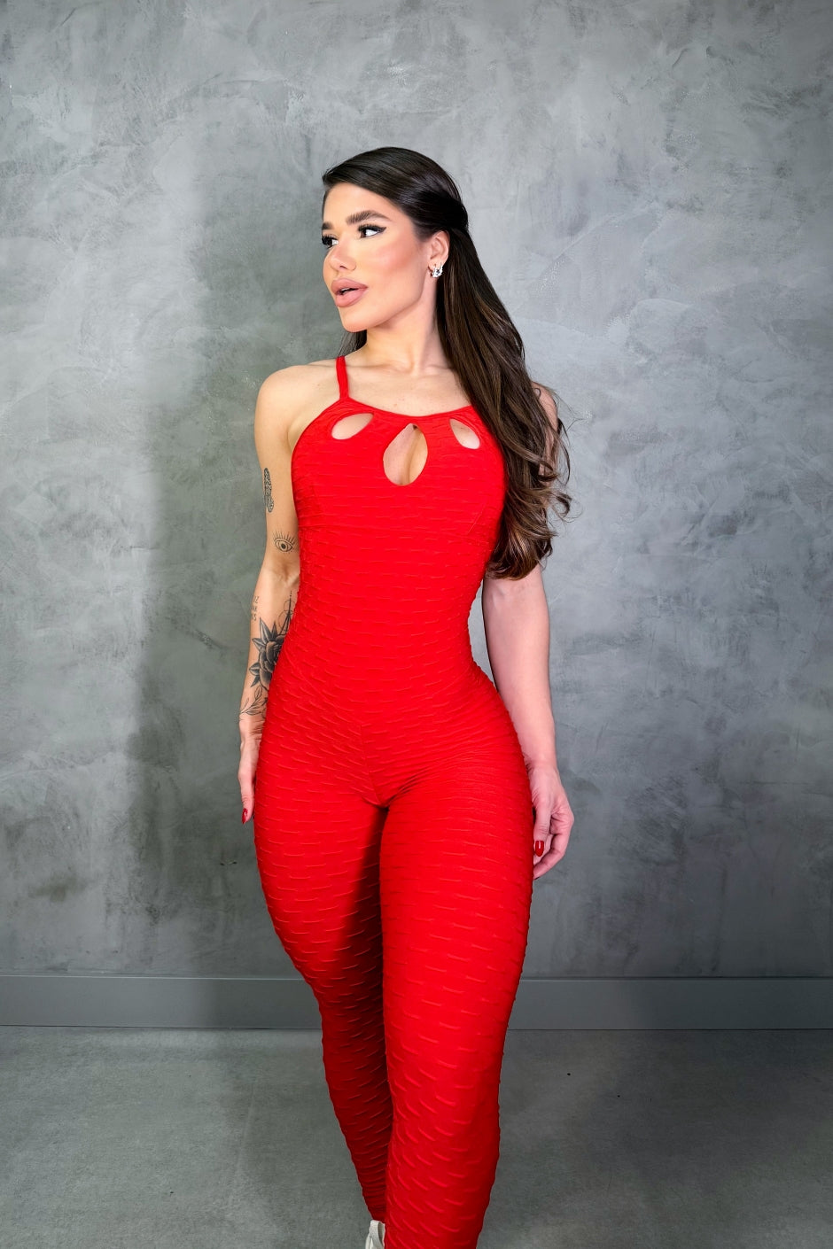 SCRUNCH BOOTY RED WAVE FRONT DETAIL JUMPSUIT