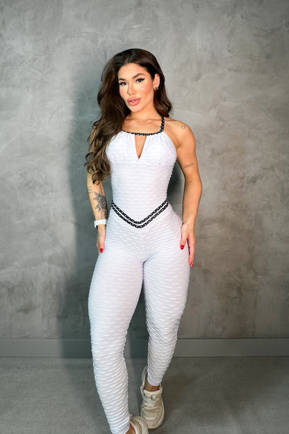 SCRUNCH BOOTY WHITE WAVE AND BLACK POLK DOTS DETAIL SHORTS JUMPSUIT