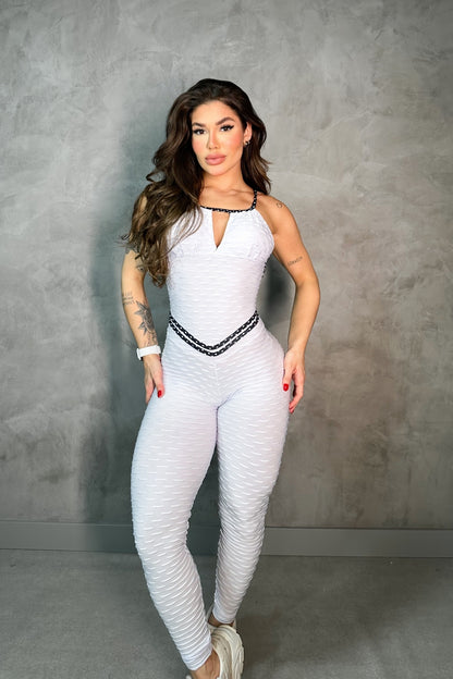 SCRUNCH BOOTY WHITE WAVE AND BLACK POLK DOTS DETAIL SHORTS JUMPSUIT