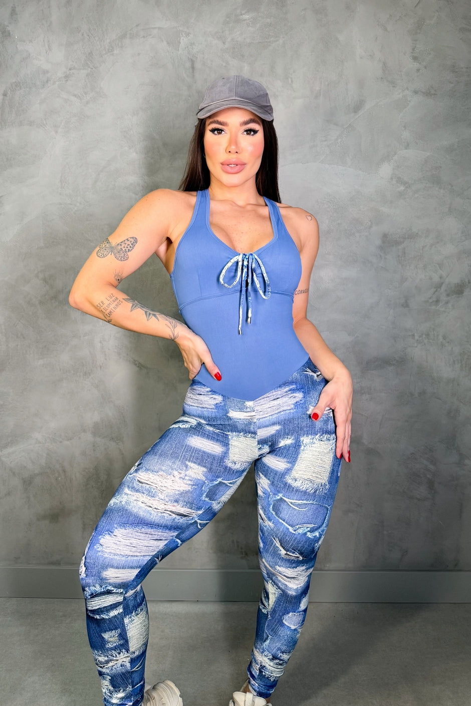 SCRUNCH BOOTY FAKE JEANS AND BLUE LACE JUMPSUIT