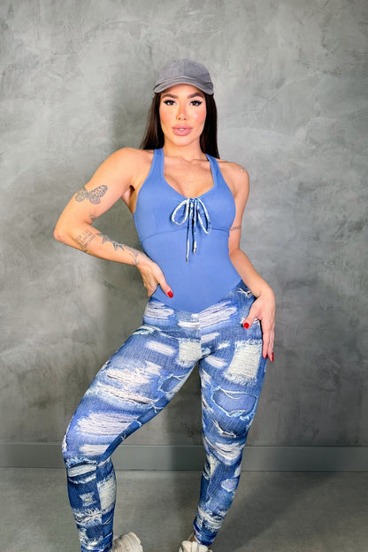 SCRUNCH BOOTY FAKE JEANS AND BLUE LACE JUMPSUIT