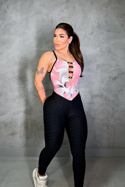 SCRUNCH BOOTY BLACK WAVE AND PINK PRINT DETAIL JUMPSUIT