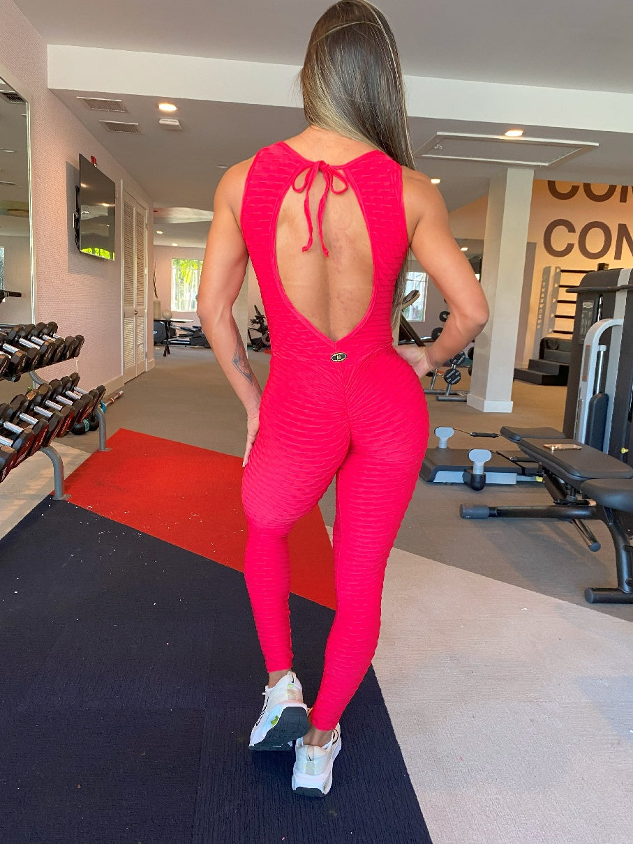 SCRUNCH BOOTY RED WAVE AND MASH DETAIL JUMPSUIT