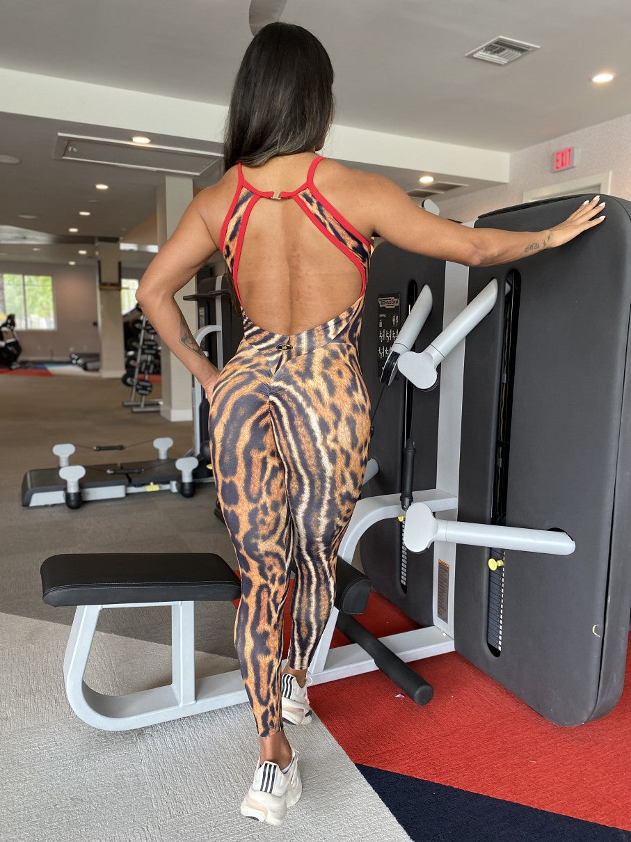 SCRUNCH BOOTY BROWN LEOPARD AND RED DETAIL MAGNIFICENT JUMPSUIT