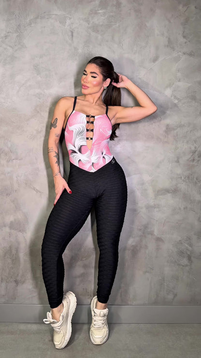 SCRUNCH BOOTY BLACK WAVE AND PINK PRINT DETAIL JUMPSUIT